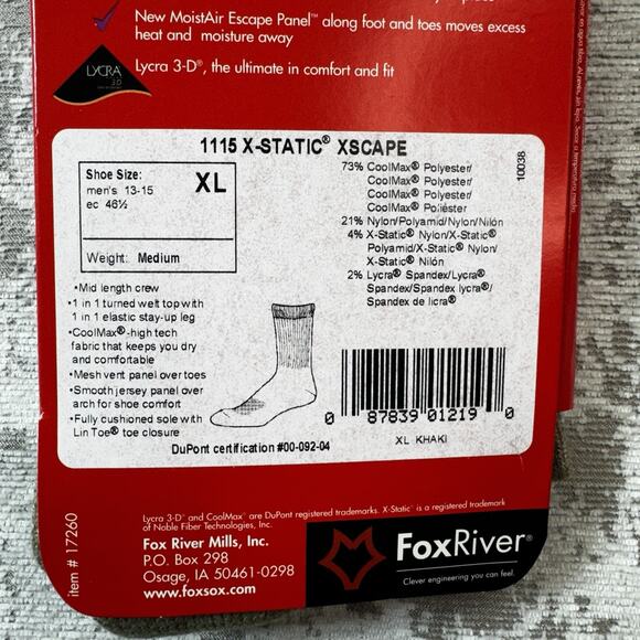 Khaki ATHLETIC FOX Wick & Dry Crew Socks Mens XL FOX RIVER MILLS CoolMax - Picture 3 of 4